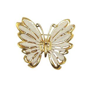 AAI White Sparkle Enamel Butterfly Brooch Pin Gold Tone Iridescent Vintage